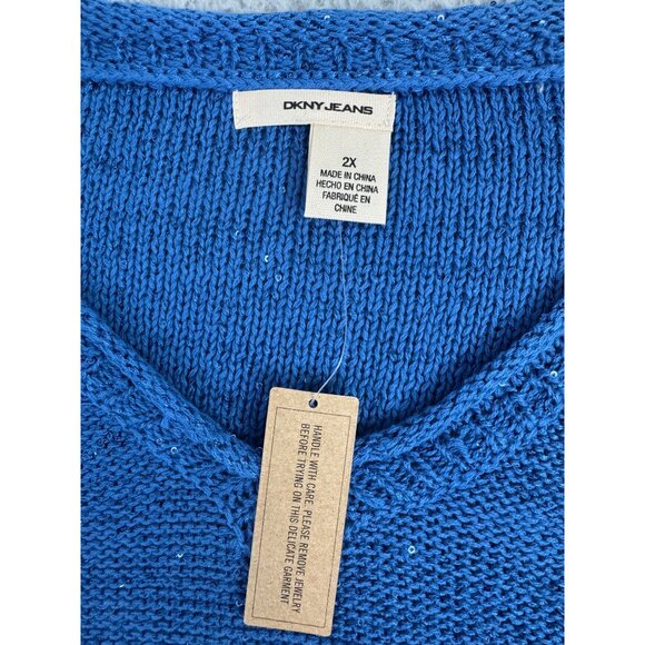 DKNY Jeans Womens 2XL Sequin V-Neck Sweater Blue Soft Lightweight Comfortable - Picture 2 of 12